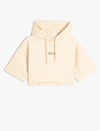 Kapüşonlu Crop Sweatshirt Spor Kısa Kollu Baskı Detaylı Pamuklu