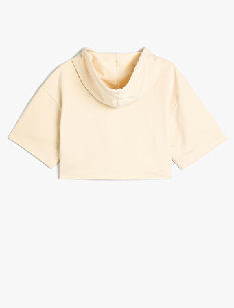 Kapüşonlu Crop Sweatshirt Spor Kısa Kollu Baskı Detaylı Pamuklu