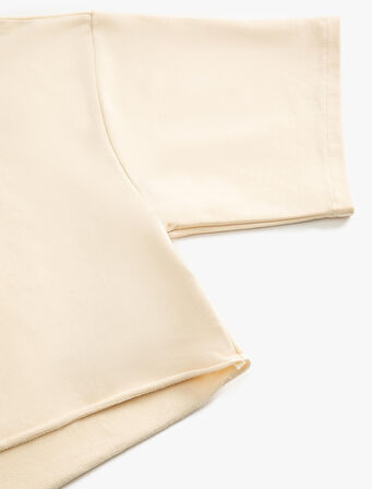 Kapüşonlu Crop Sweatshirt Spor Kısa Kollu Baskı Detaylı Pamuklu