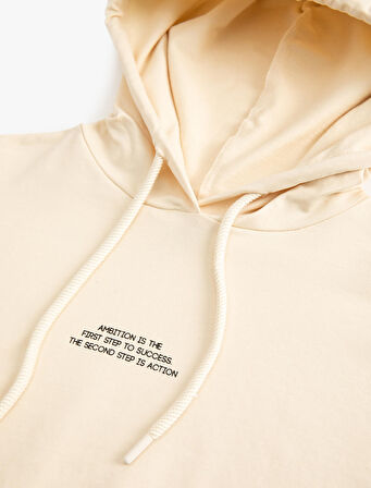 Kapüşonlu Crop Sweatshirt Spor Kısa Kollu Baskı Detaylı Pamuklu