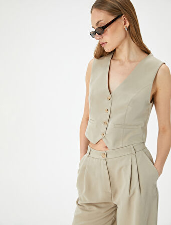 Crop Yelek V Yaka Düğmeli Fleto Cepli