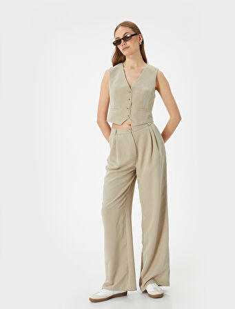 Crop Yelek V Yaka Düğmeli Fleto Cepli