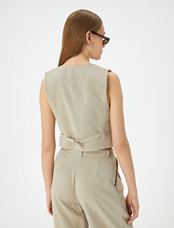 Crop Yelek V Yaka Düğmeli Fleto Cepli