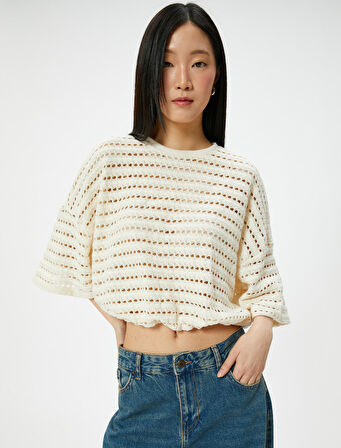 Ajurlu Sweatshirt Yarım Kollu Bisiklet Yaka Beli Lastikli