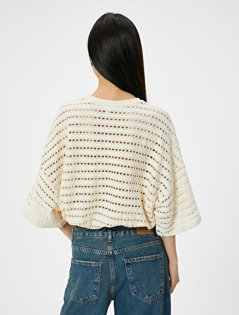 Ajurlu Sweatshirt Yarım Kollu Bisiklet Yaka Beli Lastikli