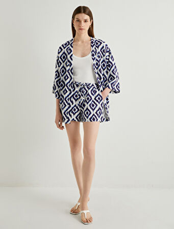 Mini Şort Beli Bağcıklı Boncuklu Cepli Viskon Keten Karışımlı