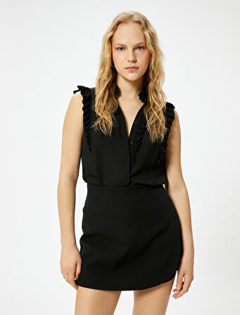 Fırfırlı Şifon Gömlek Kolsuz Hakim Yaka