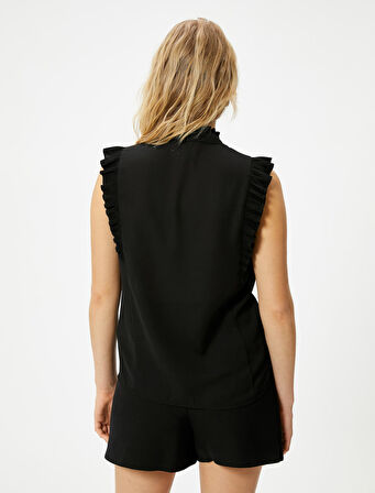 Fırfırlı Şifon Gömlek Kolsuz Hakim Yaka