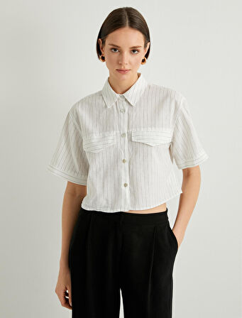 Crop Gömlek Kısa Kollu Cep Detaylı Düğmeli Keten Karışımlı