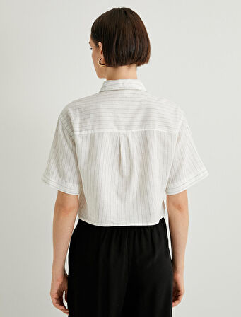 Crop Gömlek Kısa Kollu Cep Detaylı Düğmeli Keten Karışımlı