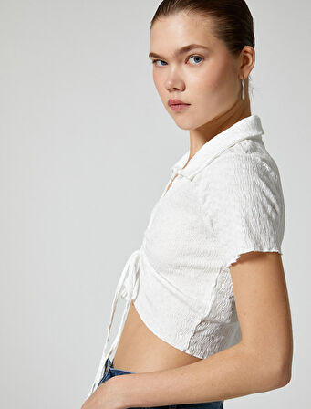 Crop Polo Yaka Tişört Önden Büzgülü Bağlamalı Dokulu