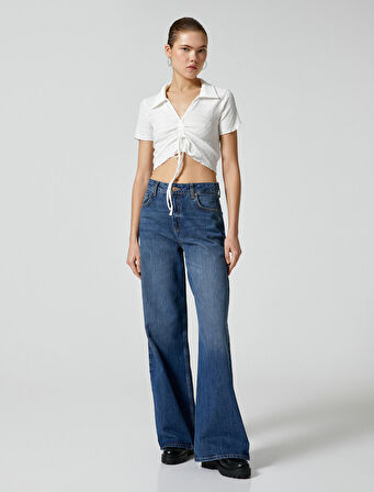 Crop Polo Yaka Tişört Önden Büzgülü Bağlamalı Dokulu