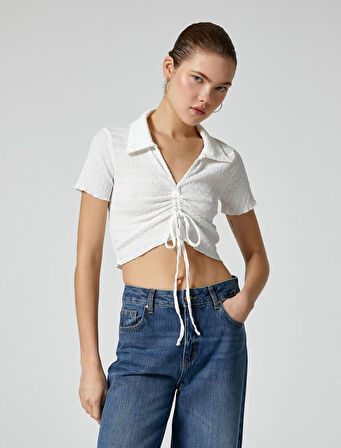 Crop Polo Yaka Tişört Önden Büzgülü Bağlamalı Dokulu