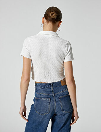 Crop Polo Yaka Tişört Önden Büzgülü Bağlamalı Dokulu