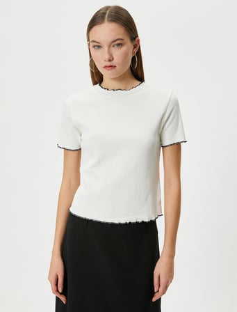 Dik Yaka Tişört Fitilli Kısa Kollu Pamuklu Slim Fit