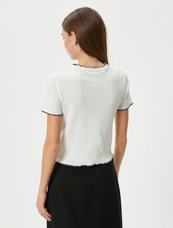 Dik Yaka Tişört Fitilli Kısa Kollu Pamuklu Slim Fit