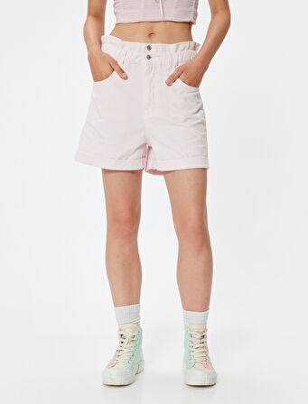 Yüksek Bel Şort Düğmeli Beli Lastikli Cepli Paçası Katlı Rahat Kalıp