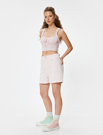 Yüksek Bel Şort Düğmeli Beli Lastikli Cepli Paçası Katlı Rahat Kalıp