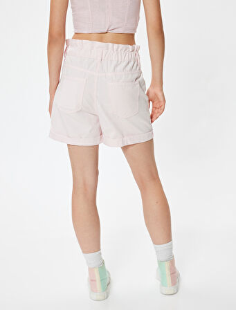 Yüksek Bel Şort Düğmeli Beli Lastikli Cepli Paçası Katlı Rahat Kalıp