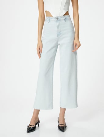 Geniş Kısa Paça Kot Pantolon Yüksek Bel Esnek Rahat Kalıp Cepli Pamuklu - Sandra Jeans