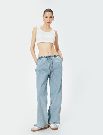 Oversize Paraşüt Denim Pantolon Standart Bel Beli Bağlamalı Cepli - Parachute Jean 