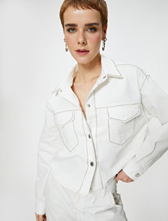 Taşlı Kot Ceket Kapaklı Cepli Gömlek Yaka Pamuklu