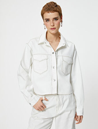 Taşlı Kot Ceket Kapaklı Cepli Gömlek Yaka Pamuklu