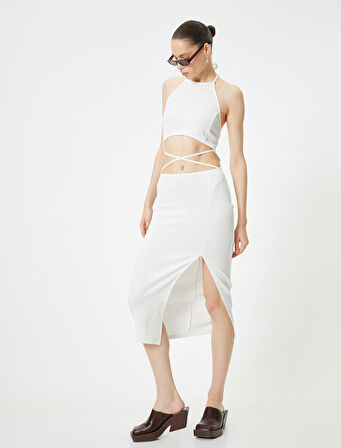 Halter Yaka Elbise Midi Pencere Detaylı Önden Yırtmaçlı Slim Fit
