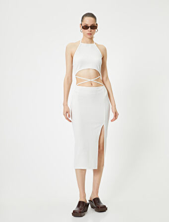 Halter Yaka Elbise Midi Pencere Detaylı Önden Yırtmaçlı Slim Fit