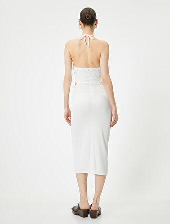 Halter Yaka Elbise Midi Pencere Detaylı Önden Yırtmaçlı Slim Fit