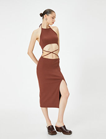 Halter Yaka Elbise Midi Pencere Detaylı Önden Yırtmaçlı Slim Fit