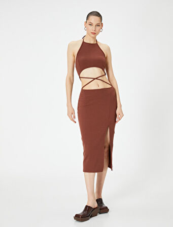 Halter Yaka Elbise Midi Pencere Detaylı Önden Yırtmaçlı Slim Fit