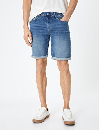 Kot Şort Slim Fit Düğmeli Cepli Katlı Paça Detaylı