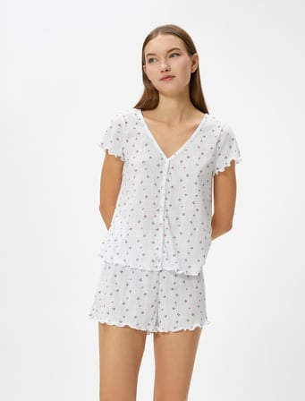 Şortlu Pijama Takımı Kısa Kollu V Yaka Düğmeli