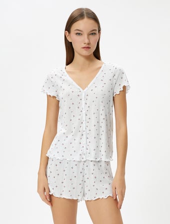 Şortlu Pijama Takımı Kısa Kollu V Yaka Düğmeli