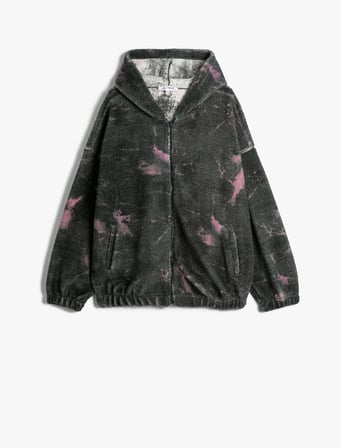 Kapşonlu Peluş Fermuarlı Oversize Sweatshirt Batik Desenli