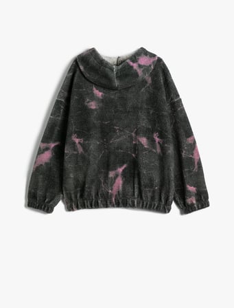 Kapşonlu Peluş Fermuarlı Oversize Sweatshirt Batik Desenli