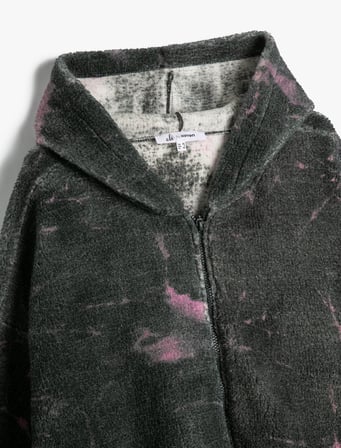 Kapşonlu Peluş Fermuarlı Oversize Sweatshirt Batik Desenli