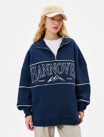 Yarım Fermuarlı Sweatshirt Rahat Kalıp Kolej Temalı Baskılı  Pamuk Karışımlı