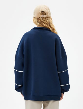 Yarım Fermuarlı Sweatshirt Rahat Kalıp Kolej Temalı Baskılı  Pamuk Karışımlı