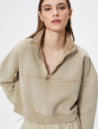 Yarım Fermuarlı Crop Sweatshirt Rahat Kalıp Soluk Efektli Uzun Kollu Pamuklu