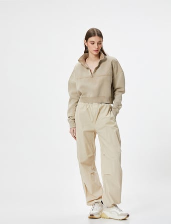 Yarım Fermuarlı Crop Sweatshirt Rahat Kalıp Soluk Efektli Uzun Kollu Pamuklu