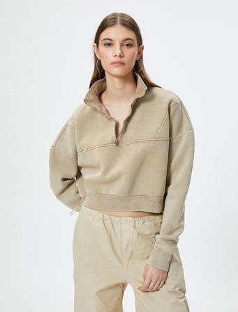 Yarım Fermuarlı Crop Sweatshirt Rahat Kalıp Soluk Efektli Uzun Kollu Pamuklu