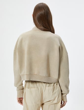 Yarım Fermuarlı Crop Sweatshirt Rahat Kalıp Soluk Efektli Uzun Kollu Pamuklu