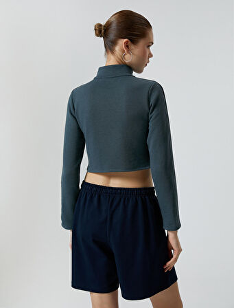 Kolej Crop Sweatshirt Fermuarlı Dik Yaka Baskılı