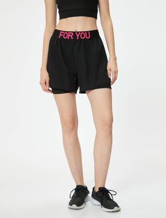 Slim Fit Slogan Baskılı Beli Lastikli Spor Şort