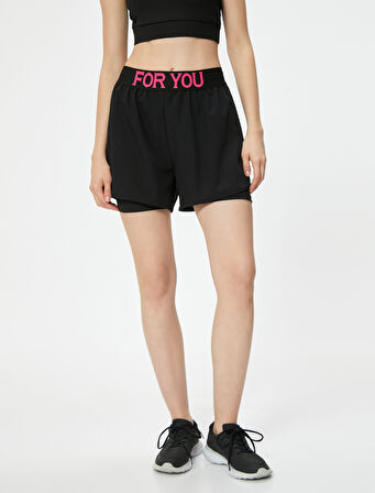 Taytlı Spor Şort Slogan Baskılı Beli Lastikli Slim Fit