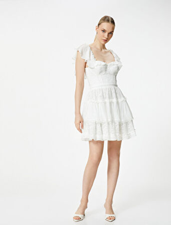 Mini Dantelli Elbise Bridal Kısa Tül Kol Kalp Yaka Astarlı