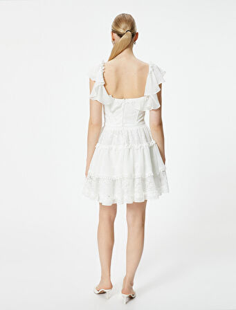 Mini Dantelli Elbise Bridal Kısa Tül Kol Kalp Yaka Astarlı