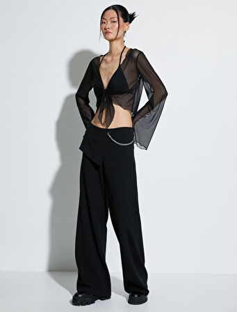 Tül Crop Bluz Önden Bağlamalı Uzun Geniş Kollu